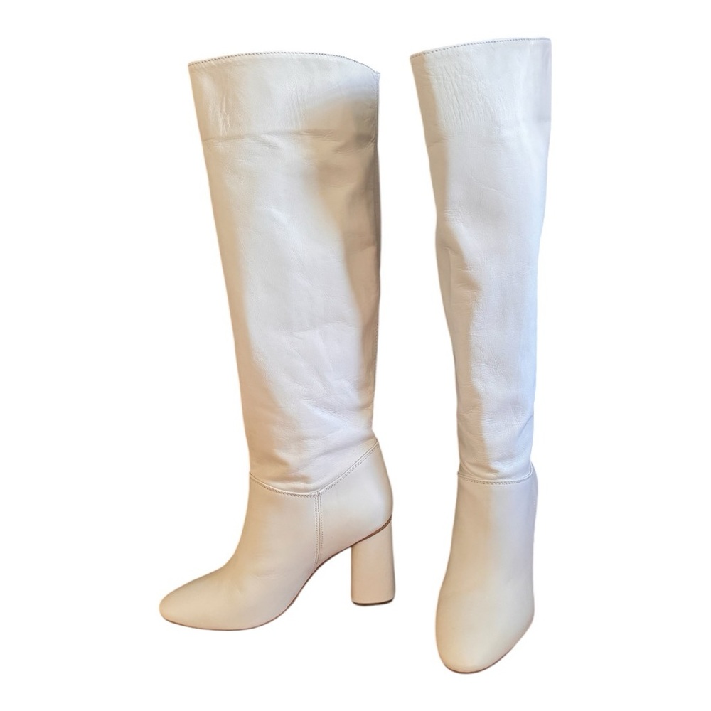 Knee high pull on white leather boots